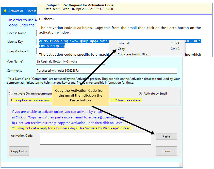 Copy Activation Code
